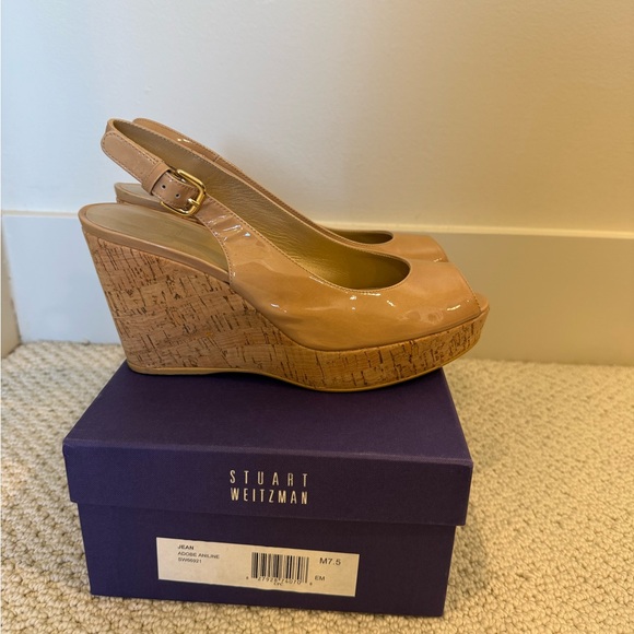 Stuart Weitzman Shoes - Stuart Weitzman Nude Patent Wedge Sandals